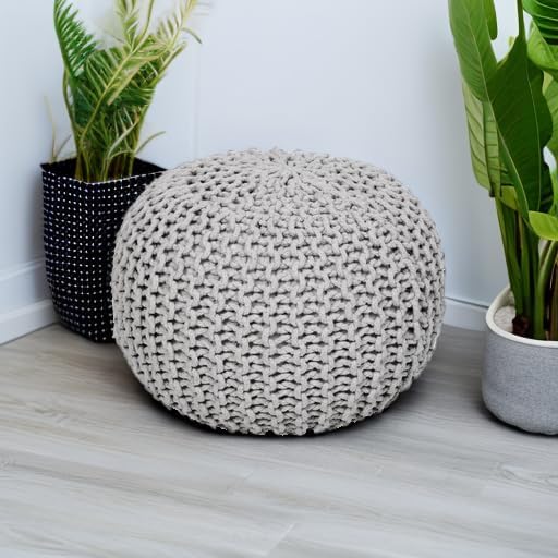REDEARTH Round Boho Pouf Ottoman - Cable Knitted Cord Boho Pouffe - Stuffed Poof Accent Beanbag Footrest for Living Room - Nursery - Bedroom - Covered Patio - Study Nook (19.5"x19.5"x14") - Gray - Bloomnest