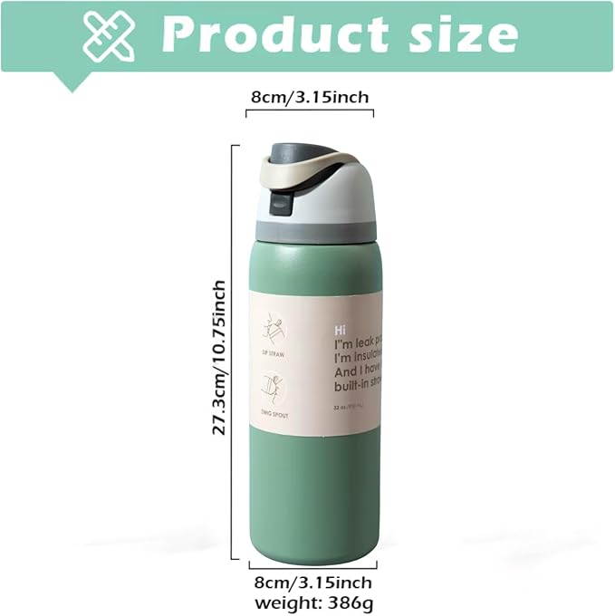 DUTHINGS Insulated Stainless Steel Water Bottle with Straw, 32 oz, Reusable Sports and Travel Bottle for School, Kids, and Outdoors - Leakproof and BPA-Free (GREEN) Bloomnest