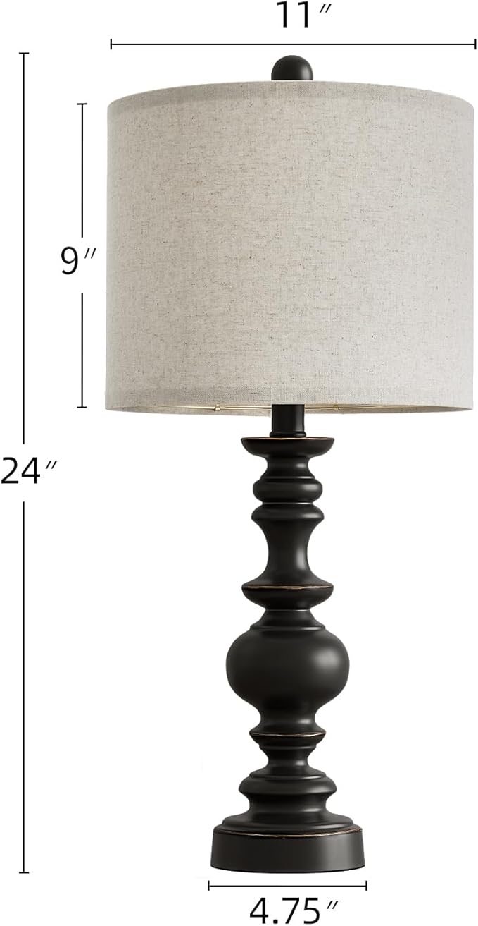 BOBOMOMO 24" Traditional Farmhouse Table Lamp Set of 2, Vintage Resin Lamps for Living Room Bedroom, Rustic Nightstand Lamp with Linen Shades, Retro Black Table Lamps for Living Room, Bedroom, Office - Bloomnest