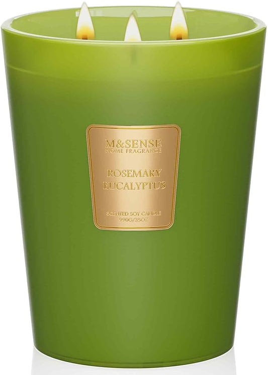 M&SENSE Rosemary Eucalyptus Scented Candle 35oz 150H Burn Time Long Lasting, 3-Wick Natural Aromatherapy Fall Winter Candle Highly Scented, Home Fragrance Housewarming Festival Gifts - Bloomnest