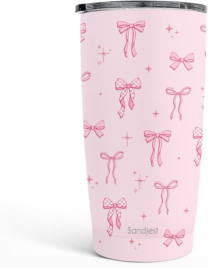 SANDJEST Bow Tumbler 20oz, Stainless Steel Travel Cup with Lid, Insulated Coffee Mug, Bow Gifts for Women Girls Friends Sisters on Birthday Christmas (Pink) - Bloomnest