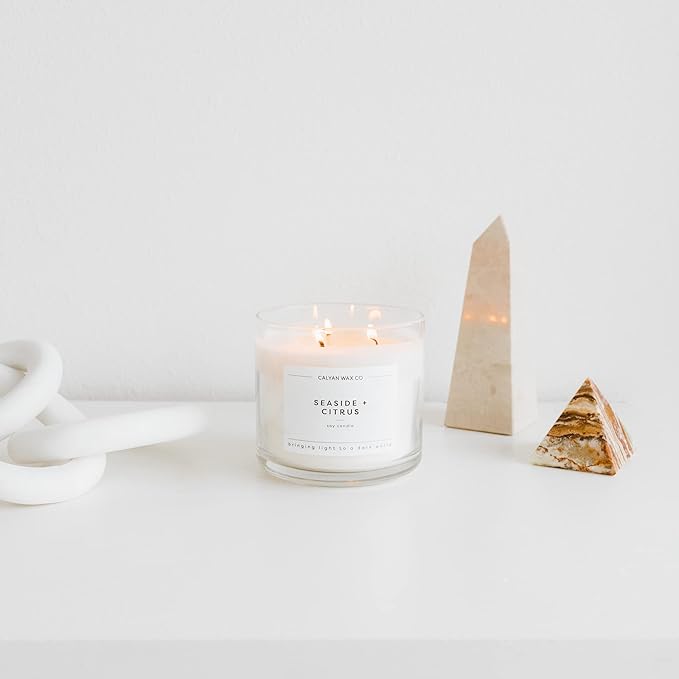 Calyan Wax Co. Seaside & Citrus 3 Wick Scented Candle - 43 Hour Burn - Luxury 3 Wick Soy Candles - Non Toxic Soy Wax Candles - Long Lasting Large Glass Jar Candle for Home - 14.9oz - Bloomnest