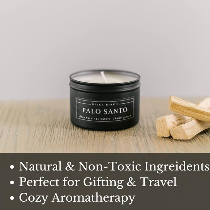 River Birch Premium, All-Natural, Non-Toxic Soy Candle | Palo Santo Scented | 8 oz. Black Matte Tin Travel Candle | Cozy Relaxing Gifts for Home - Bloomnest