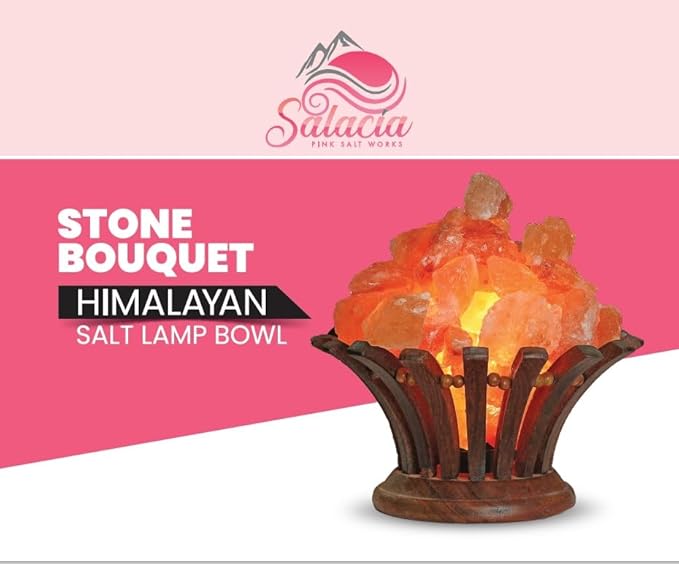 Stone Bouquet - A Himalayan Salt Lamp Bowl with Dimmer Cord - 100% Natural Pink Salt Rocks with Neem Wood Basket, Natural Himalayan Salt Ball Bowl Lamp, Premium Quality Wood Base Light.