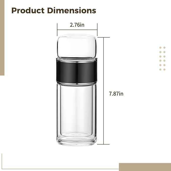 Double Wall Tea Tumbler, 16.9 Oz, Borosilicate Glass, With Infuser, Heat Resistant, Black - Bloomnest