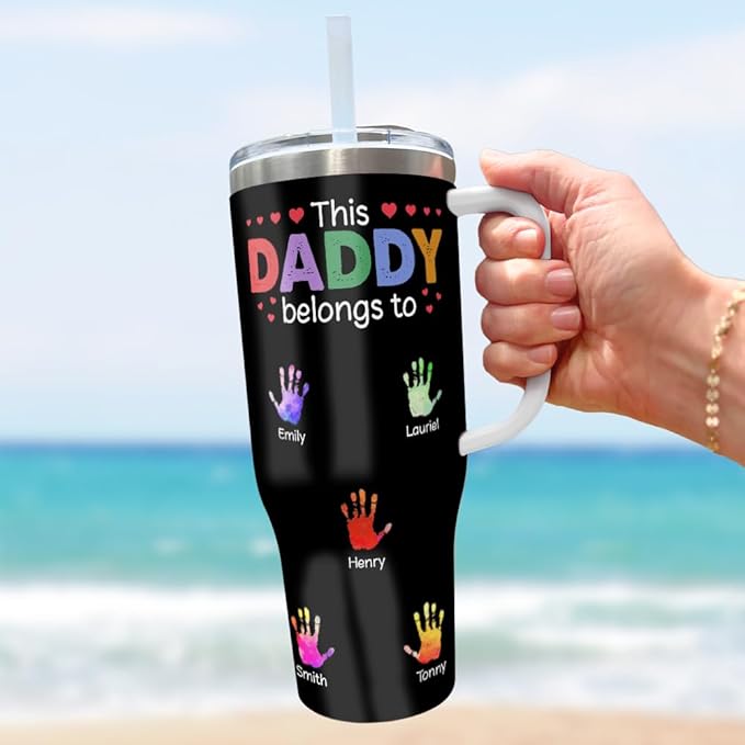 Personalized Dad Tumbler with Handle and Straw, Custom Handprint Design with Kids’ Names, Cute Father’s Day Gift from Children for Daddy or Papa - Bloomnest