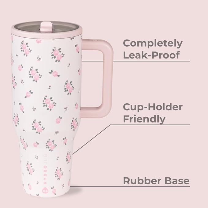 HydroJug Traveler - 32 oz Water Bottle with Handle & Flip Straw - Fits in Cup Holder, Leak Resistant Tumbler-Reusable Insulated Stainless Steel & Rubber Base - Gifts for Women & Men, Wildrose - Bloomnest