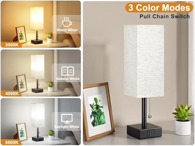 Bedside Table Lamp with 3 Color Temperatures - 3000/4000/5000K Small Lamp with USB C+A Ports, Nightstand Lamp with 3 Color Modes by Pull Chain, Bedroom Lamp for Living Read Work(LED Bulb Included) - Bloomnest