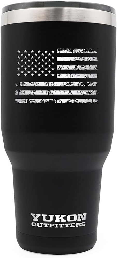 Yukon Outfitters Freedom High Grade 18/8 Stainless Steel Double Wall Vacuum Insulated Tumbler (40oz / 1183ml) - 8.8" H x 4.2" Top Dia. / 3" Bottom Dia., Black with 'Distressed USA Flag' Engraving - Bloomnest
