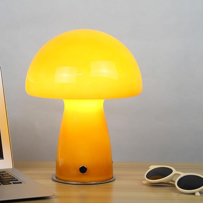 Cute Mushroom Lamp with Glass Lampshade,Small Orange Table Light,Dimmable Led Bedside Lamp,Mid Century Modern Desk Light for Living Room Bedroom - Bloomnest