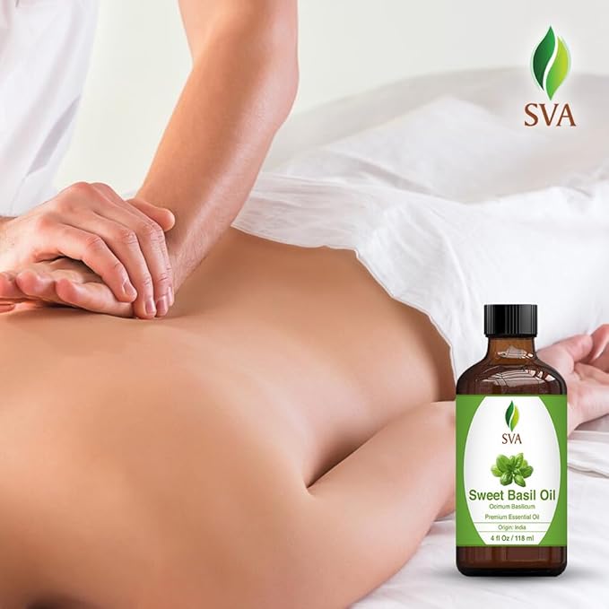 SVA Sweet Basil Essential Oil – 4 Fl Oz – 100% Natural Basil Oil - for Diffuser, Hair Care, Face, Skin Care, Aromatherapy, Scalp and Body Massage, Soap and Candle Making – with Dropper - Bloomnest