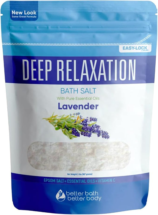 Deep Relaxation Bath Salt 32 Ounces Epsom Salt with Natural Lavender Essential Oil Plus Vitamin C in BPA Free Pouch with Easy Press-Lock Seal - Bloomnest