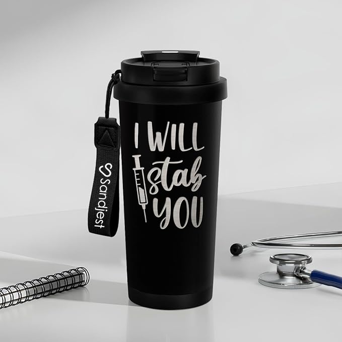 Nurse Tumbler I Will Stab You - Stainless Steel 2-in-1 Lid Engraved Coffee Tumbler 18 oz, Funny Insulated Travel Mug Gift for Women, Nurses Week Present, Nursing School, Birthday - Bloomnest