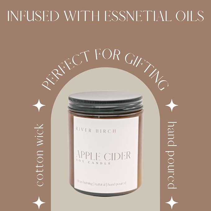 River Birch Candles Apple Cider Scented Candle | Premium, All-Natural, Non-Toxic, Soy Amber Jar Candles | 8.5oz 40 Hr Burn Time | Cozy Relaxing Gifts for Home - Bloomnest