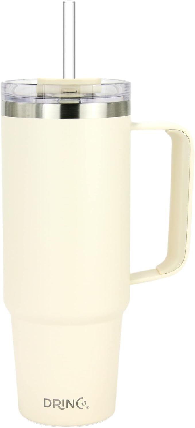Drinco 40oz 30 oz Tumbler with Handle, Straw Lid, Insulated Stainless Steel Travel Mug Water Bottle Ice Coffee Cup For Cold and Hot, BigSur (30oz Oatmilk)