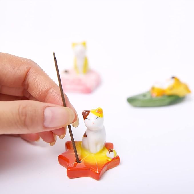 Set of 3, Japanese Mini Cute Kitty Cat Handmade Ceramic Incense Stick Holder or Incense Burner Holder, Adorable Animal Theme Inscent Tray for Home Decor Yoga Spa Meditation, 1.57 inch - Bloomnest