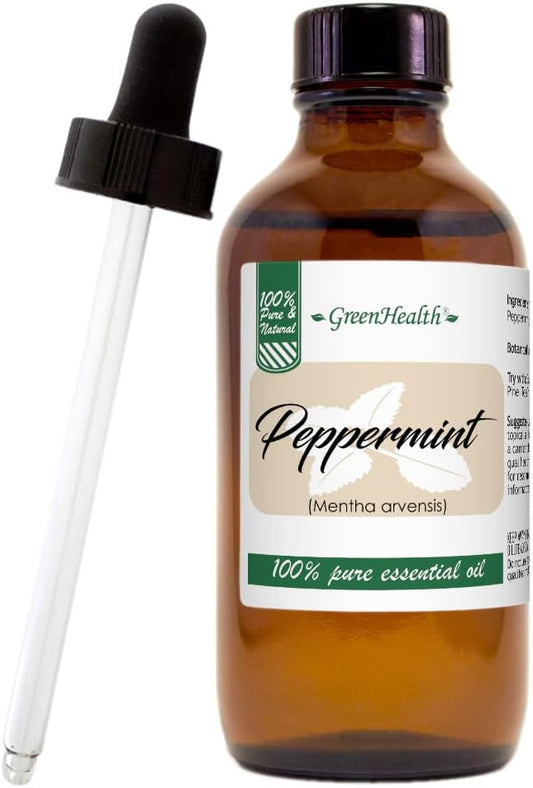 GreenHealth Peppermint Essential Oil 4 fl oz - 100% Pure Essential Oil - Amber Glass Bottle w/Glass Dropper - Fresh Mint Aroma for Diffusers, Candles, Soap Making, DIY Use Greenals