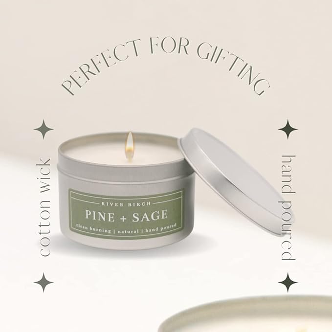 River Birch Candles Pine + Sage Scented Candle | Premium, All-Natural, Non-Toxic, Soy Candles | 8 oz. Silver Tin Travel Candle | Cozy Relaxing Gifts for Home - Bloomnest