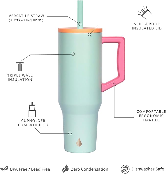 Elemental 40 oz Tumbler with Handle and Straw - Spill Proof Insulated Stainless Steel Commuter for Hot and Cold Beverages - Travel Coffee Mug with 2 Straws & Spill Proof Lid - 40oz - Mint Sorbet - Bloomnest