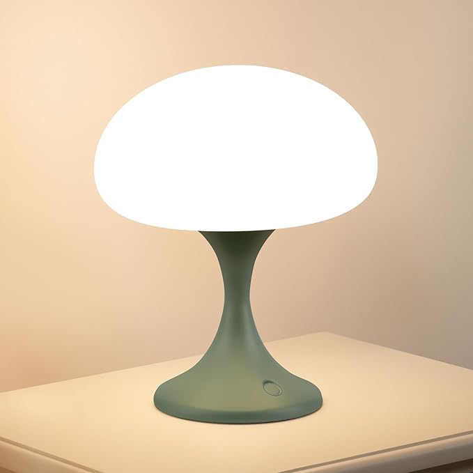 Mushroom Lamp, 5W LED Cordless Rechargeable Table Lamp with Glass Shade, Small Retro Dimmable Touch Light with 3 Color Temps, Aesthetic Mid Century Bedside Light for Bedroom Ambient, Green - Bloomnest