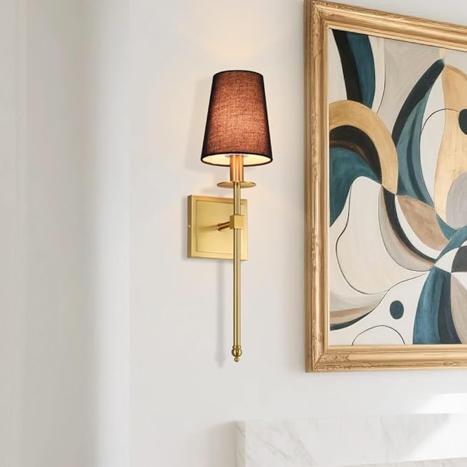 XiNBEi Lighting Wall Sconces Set of 2, Hardwired Brushed Brass Sconce Lighting with Black Fabric Shade Modern Wall Mount Light Fixture for Bathroom Bedroom Living Room Hallway XB-W1307-BS - Bloomnest