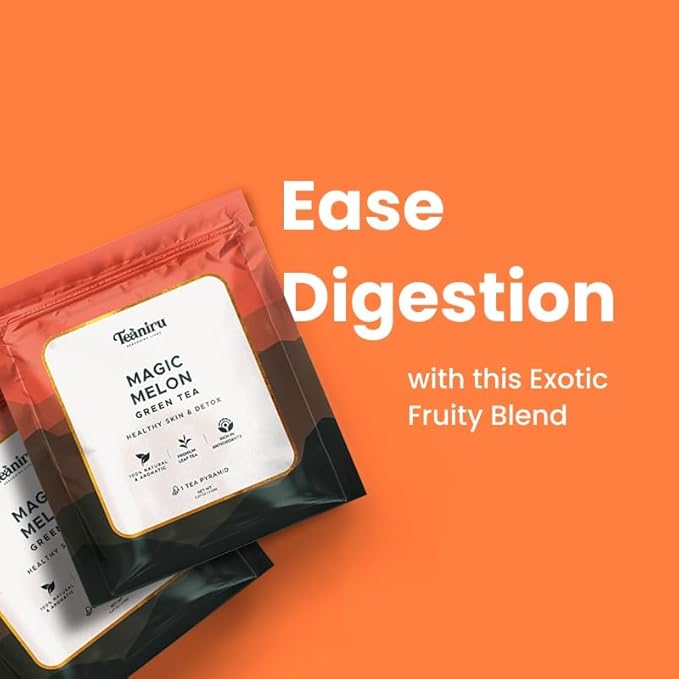 Teaniru, Magic Melon Green Tea, 7 Pyramid Tea Bags in Individual Sachets | Detox Tea - Green Tea with Musk Melon & Aloe Vera | 100% Natural Ingredients - Brew Hot or Cold - Bloomnest