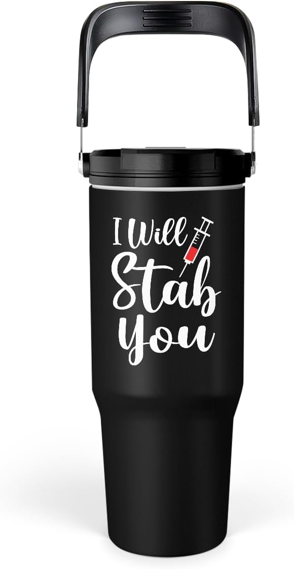 SANDJEST Nurse Gifts for Women, I Will Stab You Nurses Tumbler with Handle 30oz Flip Straw Stainless Steel Coffee Travel Cup, Nurse Appreciation Gifts for Birthday Christmas Nurse Week Graduation