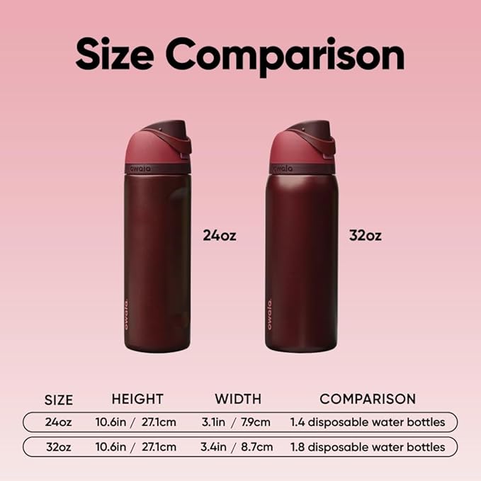 Owala FreeSip Insulated Stainless Steel Water Bottle with Straw, BPA-Free Sports Water Bottle, Great for Travel, 24 Oz, Black Cherry Owala