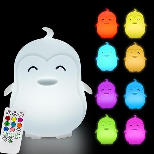 Large Penguin Night Lights for Babies Bedroom Light, lamp Kids, Toddler Nursery lamp Soft Decorative Lamps - Break Resistant, Eye Caring, Adjustable Brightness & Color, Time Setting - Large - Bloomnest