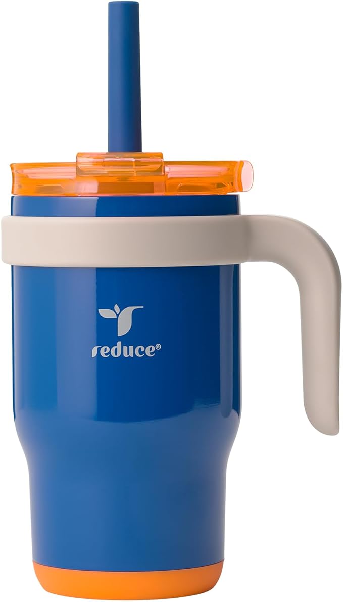 REDUCE 14 Oz Coldee Kids Tumbler with Lid and Straw - Coldee Insulated Travel Mug - Spill-Proof, Sweatproof Stainless Steel, BPA-Free - Includes Handle, Reusable Silicone Straw - Varsity Blue - Bloomnest