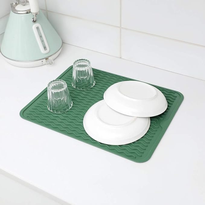 Silicone Dish Drying Mat for Multiple Usage,Easy clean,Eco-friendly,Heat-resistant Silicone Mat for Kitchen Counter or Sink,Refrigerator or drawer liner Green L 16 inches x 12 inches - Bloomnest