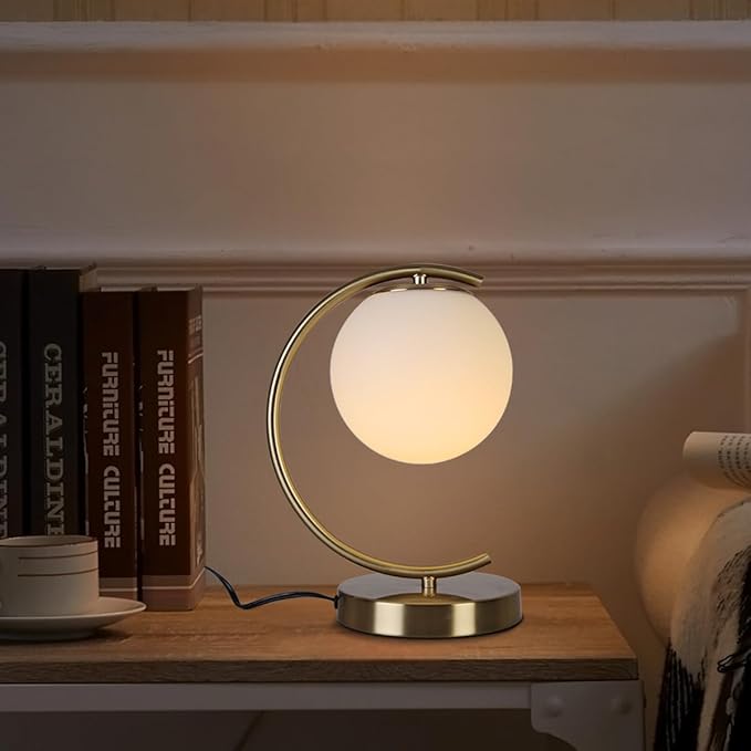 Mid Century Modern Table Lamps, Brass Globe Table Lamp,Minimalist Sphere Table Lamps for Bedroom Bedside Living Room Office Nightstand, E26 Dimmable Switch - Bloomnest