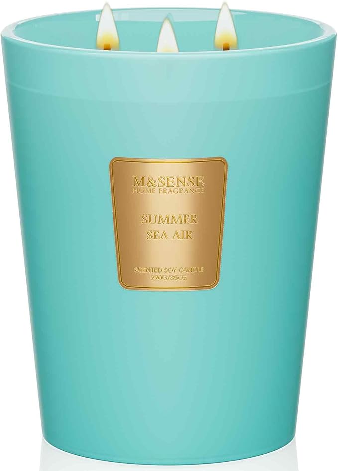 M&SENSE Summer Sea Air Scented Candle, 35 OZ Extra Large 3 Wick Natural Soy Wax Candles 150 Hours Long Lasting Slow Burning, Candles Gift for Spring Home Decor - Bloomnest