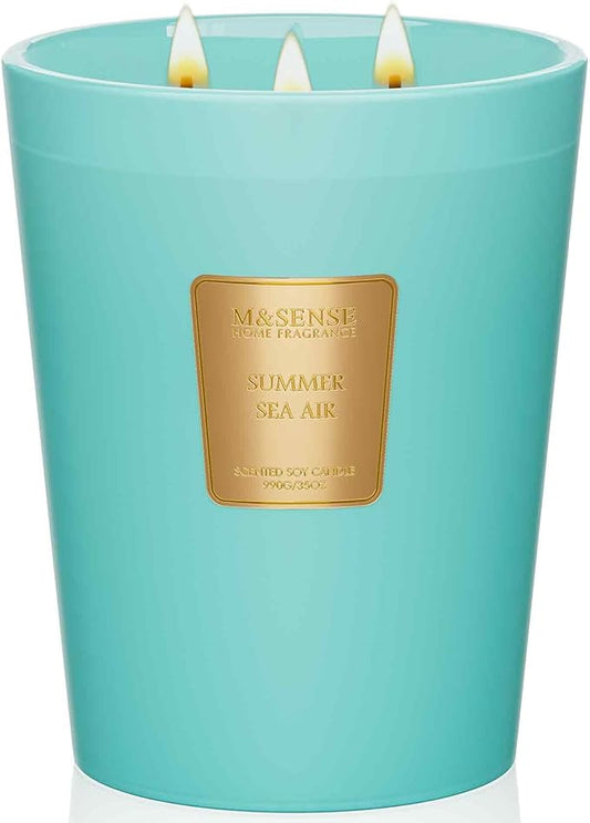 M&SENSE Summer Sea Air Scented Candle, 35 OZ Extra Large 3 Wick Natural Soy Wax Candles 150 Hours Long Lasting Slow Burning, Candles Gift for Spring Home Decor - Bloomnest