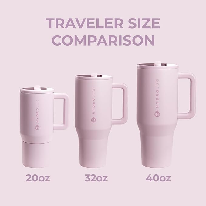 HydroJug Traveler - 40 oz Water Bottle with Handle & Flip Straw - Fits in Cup Holder, Leak Resistant Tumbler-Reusable Insulated Stainless Steel & Rubber Base - Gifts for Women & Men, Sweet Pea Hydrojug