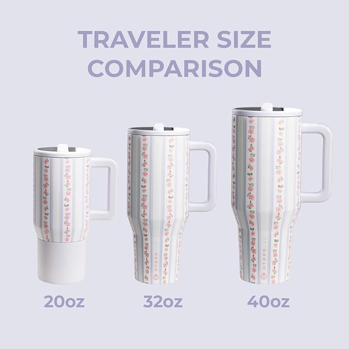 HydroJug Traveler - 40 oz Water Bottle with Handle & Flip Straw - Fits in Cup Holder, Leak Resistant Tumbler-Reusable Insulated Stainless Steel & Rubber Base - Gifts for Women & Men, Primrose Hydrojug