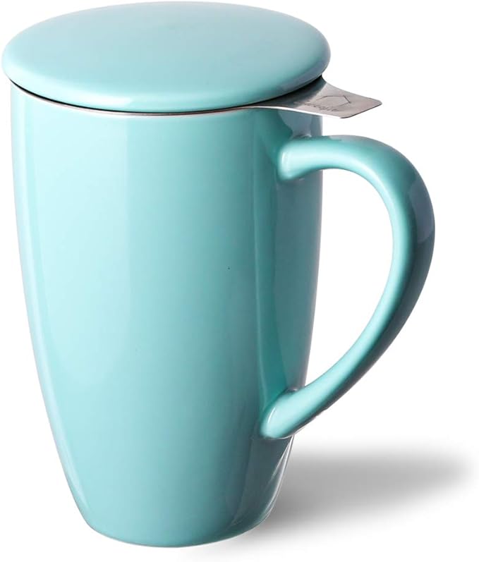 Sweejar Porcelain Tea Infuser Mug with Lid, 16 oz Teacup with Strainers for Loose Leaf Tea, Microwave and Dishwasher Safe Coffee Mug(Turquoise) - Bloomnest