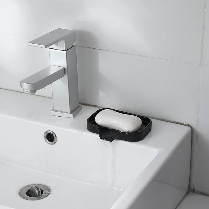 Silicone Bathroom Soap Dishes with Drain Spout-Bathroom and Kitchen Sink Organizer,Sponge Holder,Dish Soap Tray,Perfect for Dispenser,Scrubber,Bottle,Cup on Sink or Counter-Black 4.9"×3.2" - Bloomnest