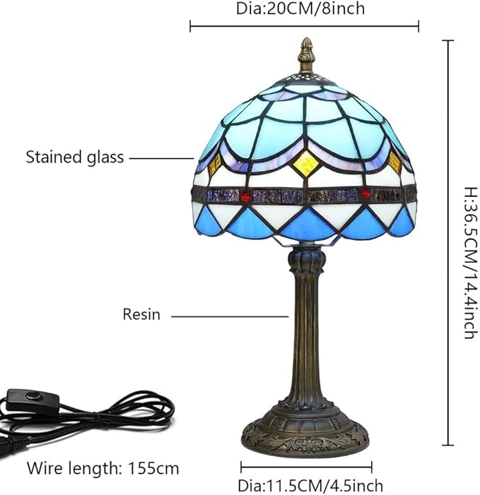 Tiffany Lamp 8 Inch Small Stained Glass Table Lamp Blue Mediterranean Handmade Warm Reading Bedside Lamp Dining Room Bedroom Living Room Office Study Tiffany Style Retro Home Decoration Crafts（feath） - Bloomnest