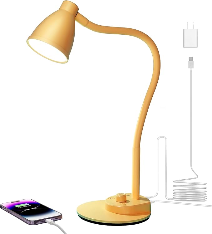 BOHON LED Desk Lamp with USB Charging Port, 3 Color Modes Fully Dimmable Reading Lamp, Auto Dimming Task Lamp, Flexible Gooseneck Table Light for Home Office Dorm Bedside, Bright Yellow - Bloomnest