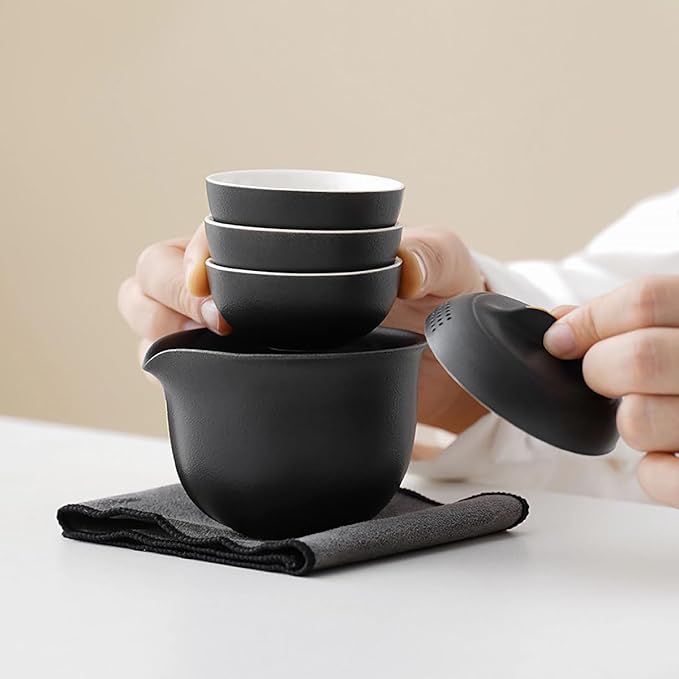 Travel Tea Set Ceramic Tea Pot Set Chinese Kung Fu Teapot Porcelain Gongfu Teacups Frosted Glazed Tea Cup, Portable Bag 1 Pot 3 Mini Cup All in One for Home Office Outdoor Picnic Camping Hotel, Black - Bloomnest