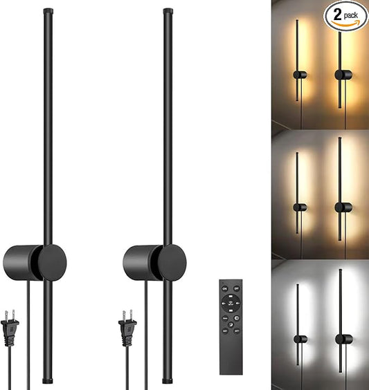Wall Sconces Set of Two with Remote, Stepless Colors 3000K-6500K & Stepless Dimming, Hardwire or Plug-in, 180° Rotate, LED Black Plug in Wall Sconces with Timer & Night Light, 23.6 Inches - Bloomnest