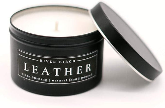River Birch Leather Scented Candle - Premium, Natural, Non-Toxic, Soy Candles Ideal for Home Decor & Cozy Gifts - Black Matte Tin - 8 oz - Bloomnest
