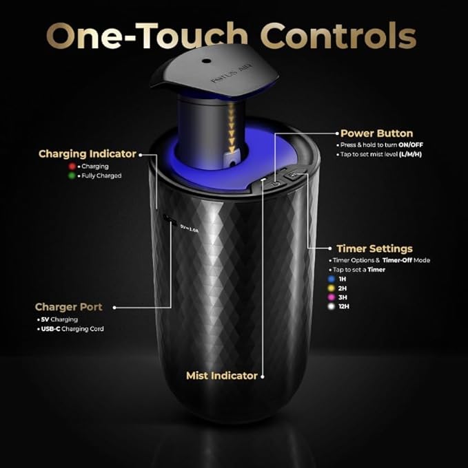Waterless Essential Oil Diffuser – Portable Cordless Aromatherapy Diffuser for Home, Car & Office – 3 Mist Levels - 4 Timer Modes - 15ml Oil Capacity - USB-C Rechargeable - Bloomnest