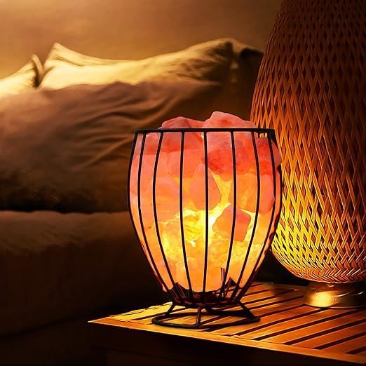 Himalayan Pink Salt Metal Basket Lamp (Tall) with Pair of Extra Bulb, Unique Gift Idea - Bloomnest