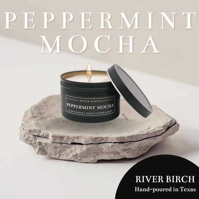 River Birch Candles Peppermint Mocha Scented Candle | Premium, All-Natural, Non-Toxic, Soy Candles | 8 oz. Black Matte Tin Travel Candle | Cozy Relaxing Gifts for Home - Bloomnest