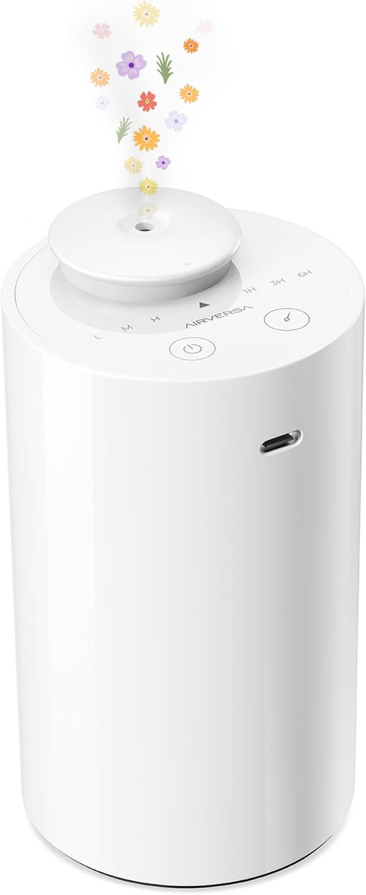 Airversa Waterless Diffuser for Essential Oil, Battery Operated Nebulizer, 0.7 Fl.Oz./ 20mL Capacity, Mini Scent Air Machine, 3 Countdown Timers & 3 Mist Levels for Home, Room, Car, Office - AN6 White - Bloomnest