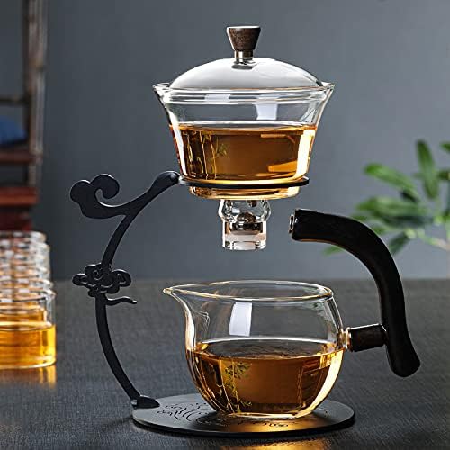 RORA Lazy Kungfu Glass Tea Set Semi Automatic Drip Rotating with Infuser Glass Teapot Set (6 cups) - Bloomnest