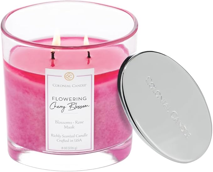 Colonial Candle Flowering Cherry Blossom Scented Candle Jar, Highly Fragranced Candles for Home Scented, Mottled Wax Candle, 2 Wick, 8 oz - Made in The USA - Bloomnest