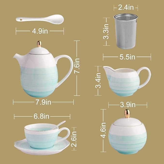 Sweejar Porcelain Tea Sets, 8 OZ Cups & Saucer Service for 4, Teapot Sugar Bowl Cream Pitcher Teaspoons and Tea Strainer for Adult Tea Coffee Afternoon Party (Purple) - Bloomnest